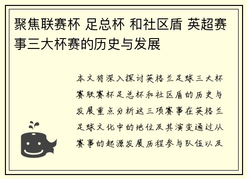 聚焦联赛杯 足总杯 和社区盾 英超赛事三大杯赛的历史与发展