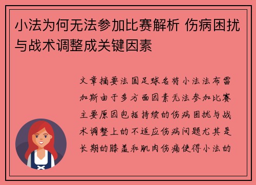 小法为何无法参加比赛解析 伤病困扰与战术调整成关键因素