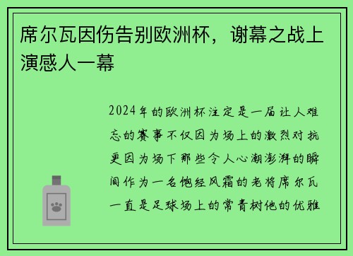 席尔瓦因伤告别欧洲杯，谢幕之战上演感人一幕
