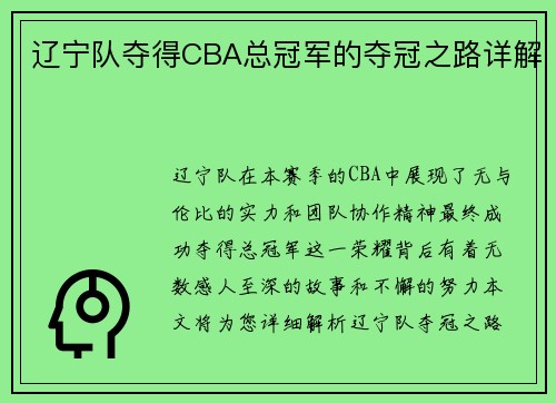辽宁队夺得CBA总冠军的夺冠之路详解